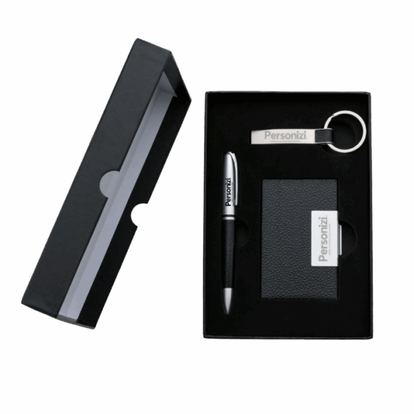 Kit executivo 3 peças personalizado com logo — brinde sofisticado e funcional para ações promocionais e eventos corporativos.