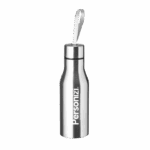 Garrafa inox 500ml com alça de nylon personalizada com logo. Brinde moderno, durável e funcional para ações promocionais e eventos.