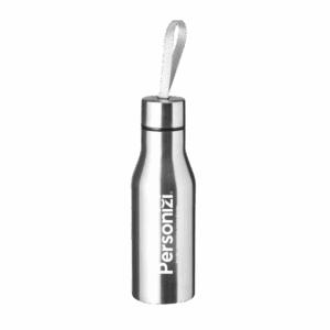 Garrafa inox 500ml com alça de nylon personalizada com logo. Brinde moderno, durável e funcional para ações promocionais e eventos.