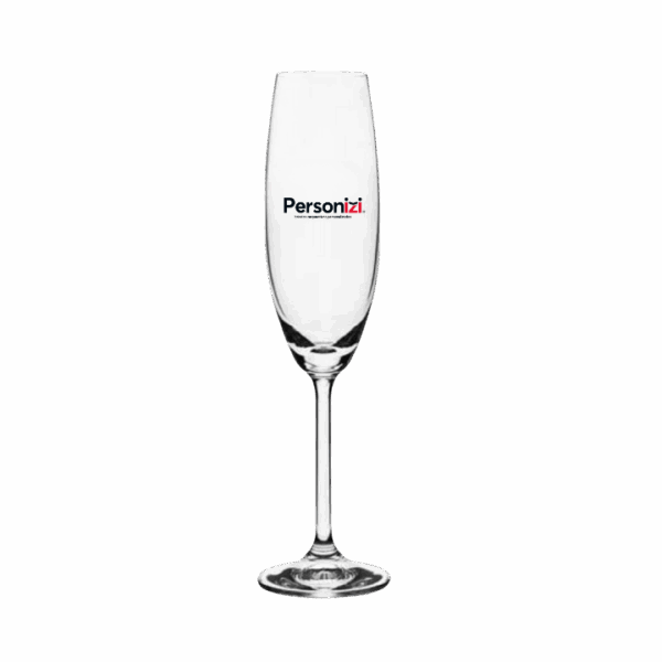 Taça champanhe de vidro com logo gravado. Brinde personalizado sofisticado para eventos corporativos e datas comemorativas.