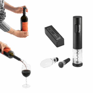 Conjunto de saca-rolhas elétrico personalizado. Brinde elegante e funcional para ações corporativas e eventos especiais.