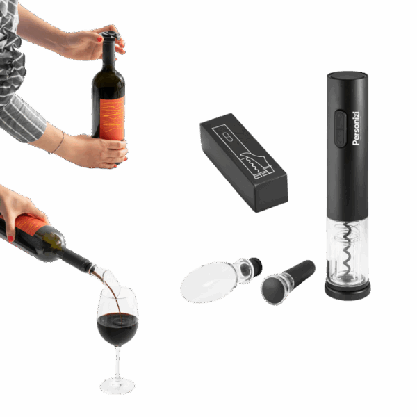 Conjunto de saca-rolhas elétrico personalizado. Brinde elegante e funcional para ações corporativas e eventos especiais.