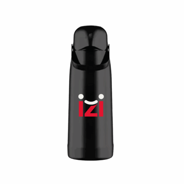 Garrafa térmica 1L com Magic Pump personalizada com logo. Brinde prático, elegante e ideal para ações promocionais e ambientes corporativos.