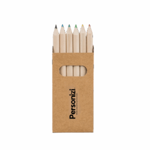 Caixa cartão com 6 mini lápis de cor personalizada – brindes personalizados criativos e ecológicos para ações promocionais e eventos.