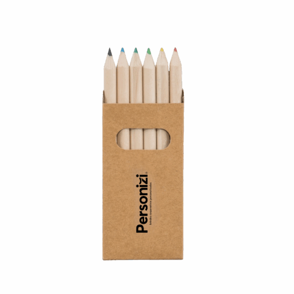 Caixa cartão com 6 mini lápis de cor personalizada – brindes personalizados criativos e ecológicos para ações promocionais e eventos.