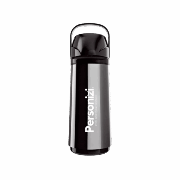 Garrafa térmica 1,80L inox com Magic Pump personalizada. Brinde premium e funcional para eventos corporativos e campanhas institucionais.
