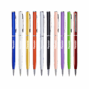 Caneta de metal com acionamento rotativo e logo. Brindes personalizados elegantes para eventos corporativos e campanhas institucionais.
