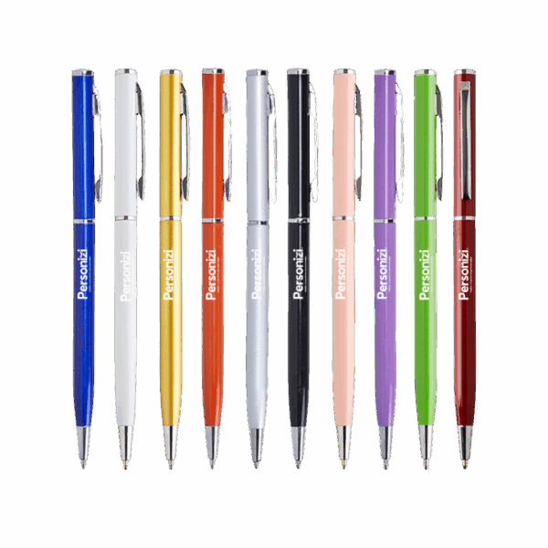 Caneta de metal com acionamento rotativo e logo. Brindes personalizados elegantes para eventos corporativos e campanhas institucionais.