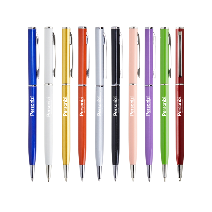 Caneta de metal com acionamento rotativo e logo. Brindes personalizados elegantes para eventos corporativos e campanhas institucionais.