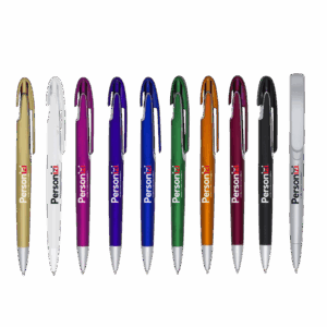 Caneta plástica Mod. 5 com logo. Brinde personalizado prático e acessível para eventos, feiras e ações promocionais corporativas.