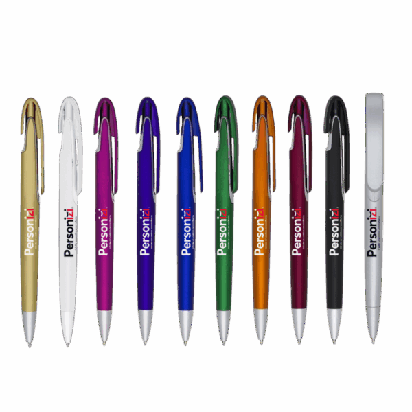 Caneta plástica Mod. 5 com logo. Brinde personalizado prático e acessível para eventos, feiras e ações promocionais corporativas.