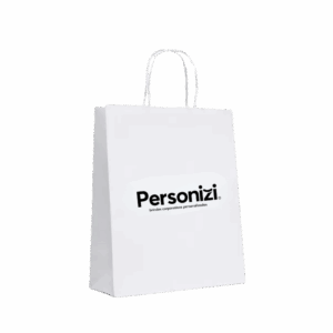 Sacola de papel branca P personalizada, ideal como brindes personalizados para eventos, embalagens corporativas e ações promocionais.