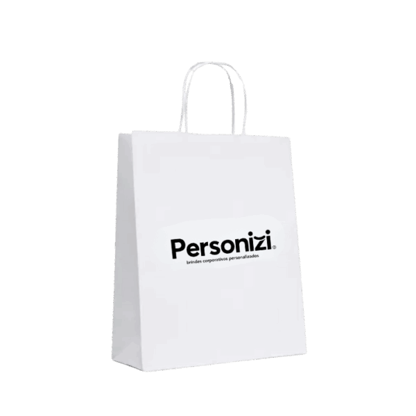 Sacola de papel branca P personalizada, ideal como brindes personalizados para eventos, embalagens corporativas e ações promocionais.