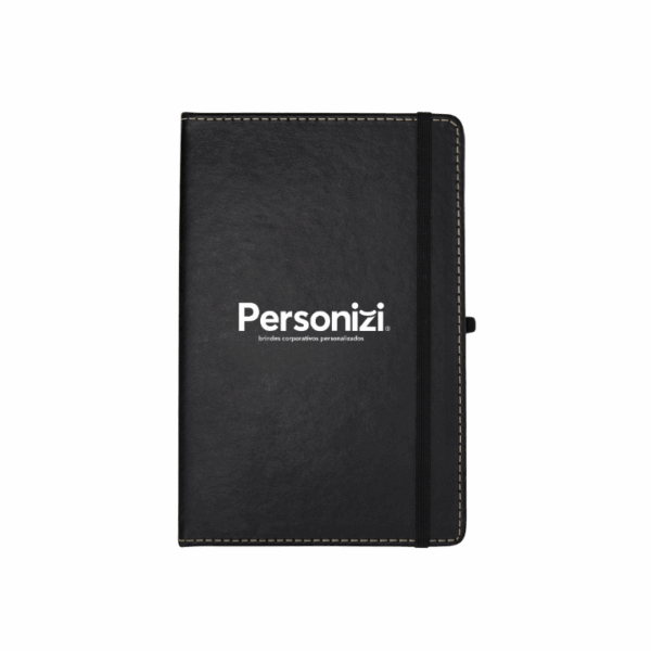 Caderneta 21x14cm em couro sintético com pauta, modelo 02, ideal como brindes personalizados corporativos para ações e eventos estratégicos.