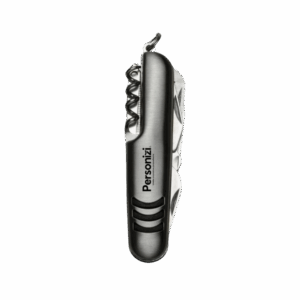 Canivete de metal com 9 funções e personalização a laser, ideal como brindes corporativos em ações promocionais e eventos.