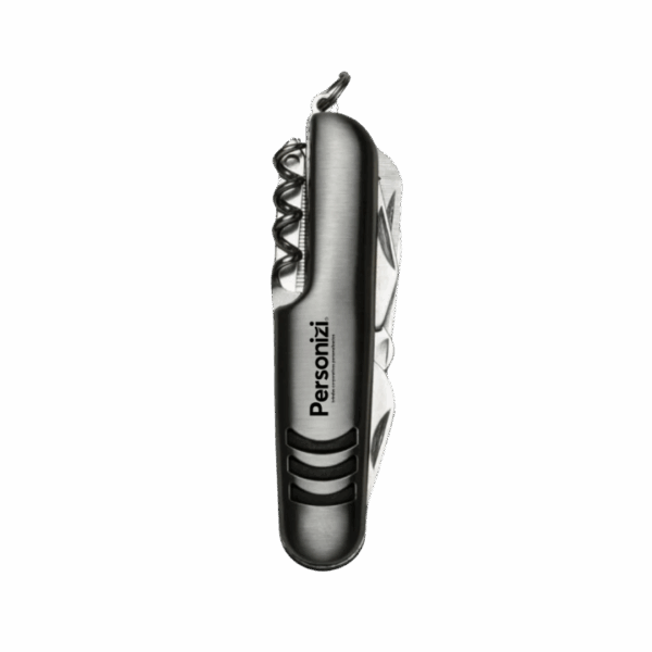 Canivete de metal com 9 funções e personalização a laser, ideal como brindes corporativos em ações promocionais e eventos.
