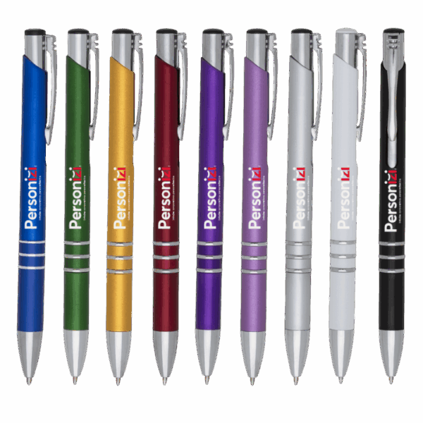 Caneta plástica com 3 anéis e logo. Brindes personalizados acessíveis e funcionais para ações promocionais, feiras e eventos corporativos.