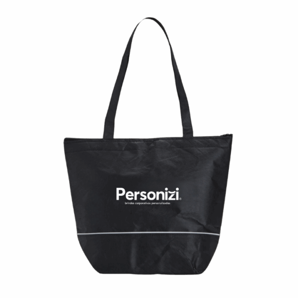 Sacola térmica PET reciclado 10L personalizada com logo. Brinde funcional e sustentável para eventos, ações promocionais e empresas.