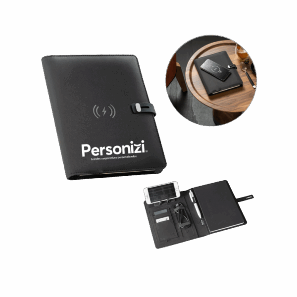 A Pasta A5 com Carregador Wireless 5.000 mAh Personalizada é um brinde corporativo tecnológico e sofisticado, ideal para ações promocionais estratégicas.