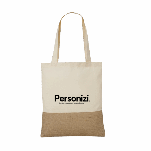 Sacola ecológica em algodão e juta 40x35cm personalizada. Brinde sustentável e elegante para ações promocionais e eventos corporativos.