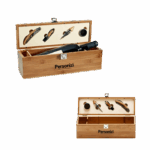 Conjunto para vinho em bambu e zinco personalizado – brindes personalizados elegantes e sustentáveis para empresas e datas comemorativas.