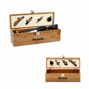 Conjunto para vinho em bambu e zinco personalizado – brindes personalizados elegantes e sustentáveis para empresas e datas comemorativas.