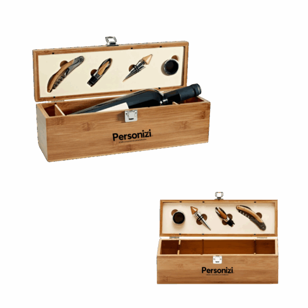 Conjunto para vinho em bambu e zinco personalizado – brindes personalizados elegantes e sustentáveis para empresas e datas comemorativas.