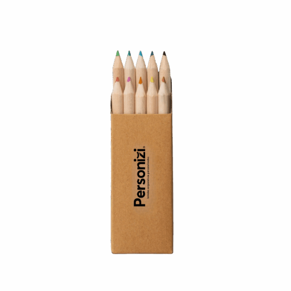 Caixa cartão com 10 mini lápis de cor personalizada – brindes personalizados criativos e sustentáveis para eventos e ações promocionais.