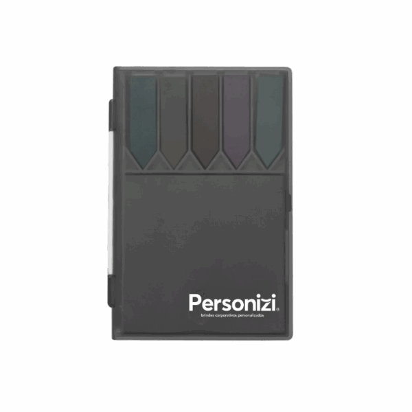 Bloco de anotações plástico com autoadesivos personalizados. Brinde corporativo útil para eventos, treinamentos e ações promocionais.