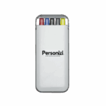 Kit 5 em 1 branco com canetas, marca texto e lapiseira em estojo plástico. Brindes personalizados práticos para eventos e empresas.