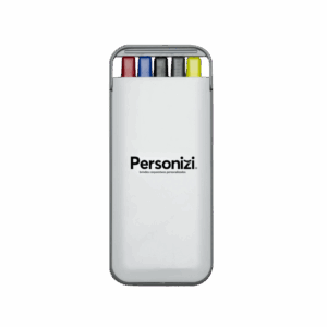 Kit 5 em 1 branco com canetas, marca texto e lapiseira em estojo plástico. Brindes personalizados práticos para eventos e empresas.