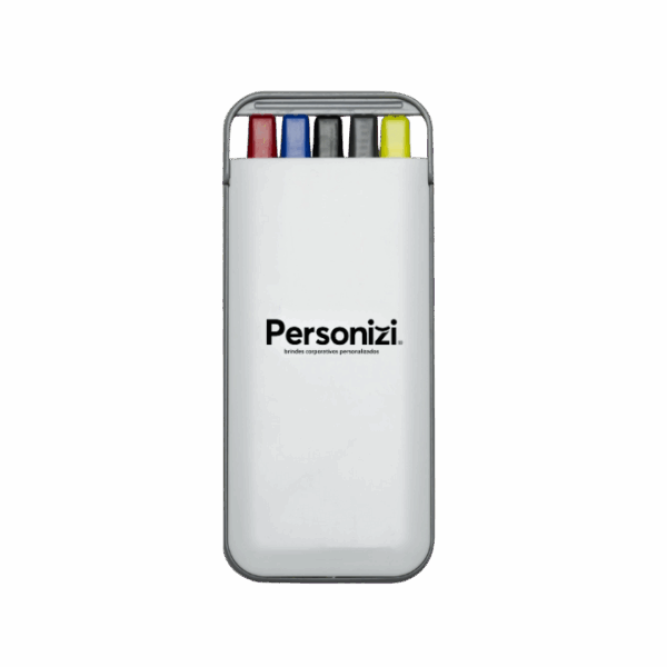 Kit 5 em 1 branco com canetas, marca texto e lapiseira em estojo plástico. Brindes personalizados práticos para eventos e empresas.