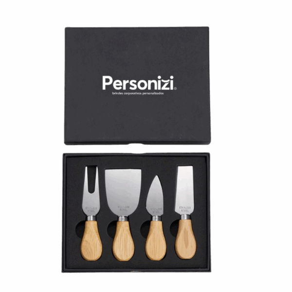 Kit Queijo 4 Peças com gravação a silk uma cor – brindes personalizados ideais para ações promocionais e presentes corporativos elegantes.
