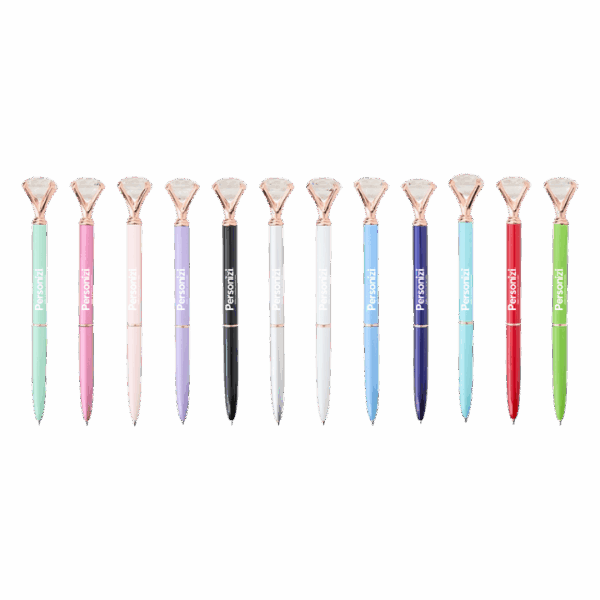 Caneta de metal com detalhe em diamante e logo. Brindes personalizados elegantes para ações corporativas e presentes institucionais.