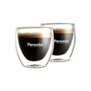 Jogo com 6 copos de vidro parede dupla com personalização. Brindes personalizados sofisticados para ações corporativas e eventos premium.