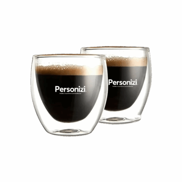 Jogo com 6 copos de vidro parede dupla com personalização. Brindes personalizados sofisticados para ações corporativas e eventos premium.