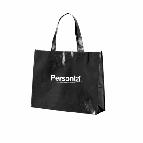 Sacola TNT metalizada 32x43cm personalizada com logo. Brinde chamativo e funcional para eventos, feiras e ações promocionais.