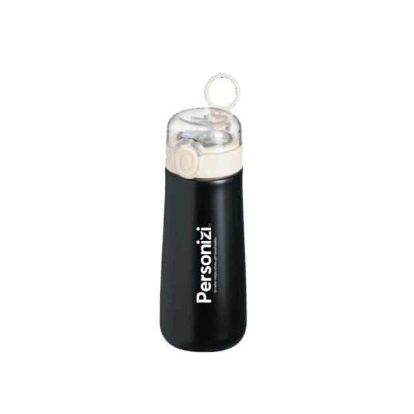 Garrafa térmica inox 500ml com canudo plástico e personalização. Brinde corporativo moderno e prático para eventos, campanhas e ações promocionais.
