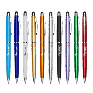 Caneta plástica com ponteira touch personalizada. Brinde funcional e moderno para ações promocionais, eventos e kits corporativos.
