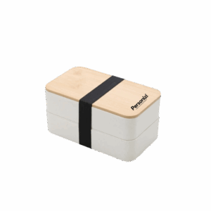 Marmita dupla em fibra de trigo personalizada com logo. Brinde sustentável ideal para empresas, eventos e campanhas promocionais.