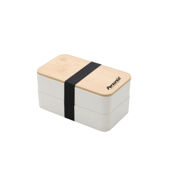 Marmita dupla em fibra de trigo personalizada com logo. Brinde sustentável ideal para empresas, eventos e campanhas promocionais.