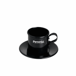 Xícara 100ml com pires em alumínio personalizada com logo. Brinde corporativo ideal para ações promocionais e kits institucionais.