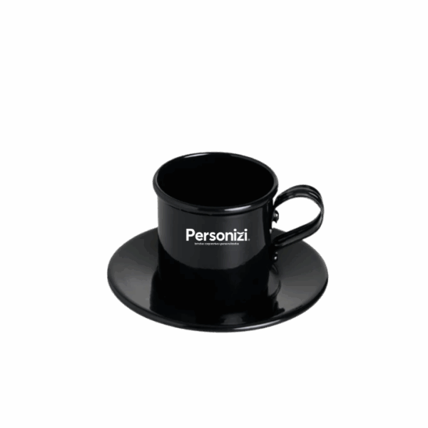 Xícara 100ml com pires em alumínio personalizada com logo. Brinde corporativo ideal para ações promocionais e kits institucionais.
