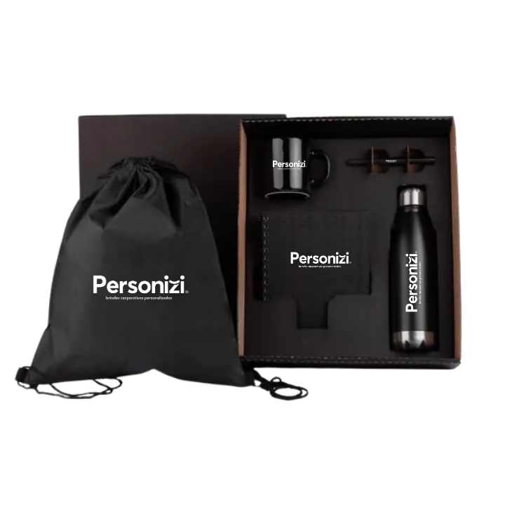 Kit Caderno e Acessórios 5 peças com personalização. Brindes corporativos úteis para eventos, feiras, campanhas e ações promocionais.