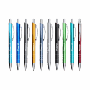 Caneta de metal personalizada com logo. Brinde corporativo sofisticado e funcional para ações promocionais e kits institucionais.