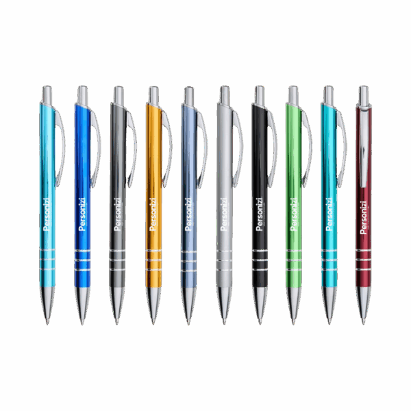 Caneta de metal personalizada com logo. Brinde corporativo sofisticado e funcional para ações promocionais e kits institucionais.