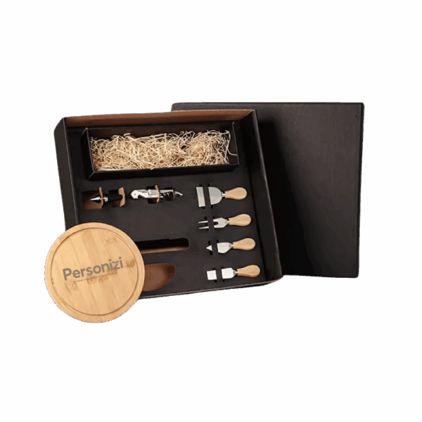 Kit Queijo e Vinho 7 peças com gravação personalizada. Ideal como brindes corporativos para eventos, ações promocionais e datas especiais.