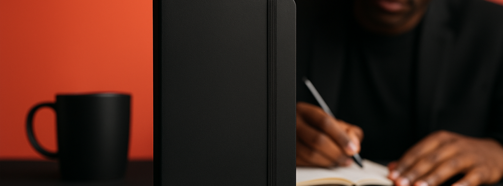 Moleskines personalizados como brindes corporativos em ambiente de trabalho.