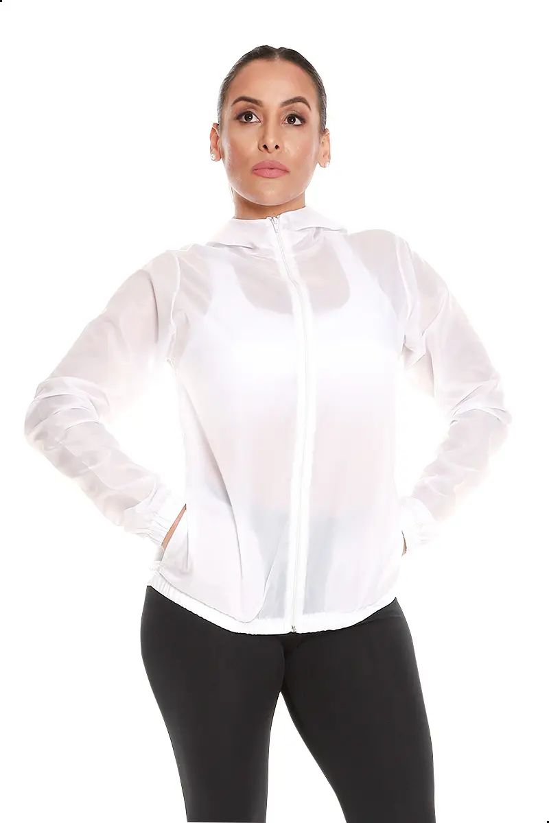 Jaqueta Corta Vento Feminino Capuz Academia Caminhada UV50 Personalizada Branco | Personalizado com Logo | Personizi