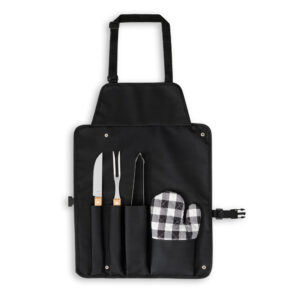 CHAMP. Kit churrasco com 3 utensílios em aço inox e madeira de Seringueira e luva 50x34cm Personalizada Preto | Personalizado com Logo | Personizi